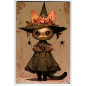 Cute Cat Witch Halloween Photochrome Postcard with Spiders 5.5x4"